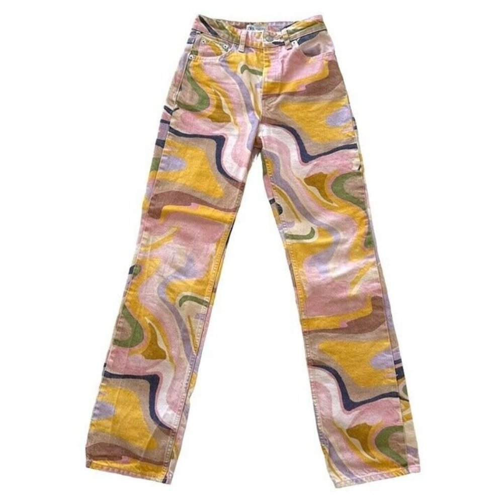 Zara multicolor denim jeans with psychedelic print. Size 2.